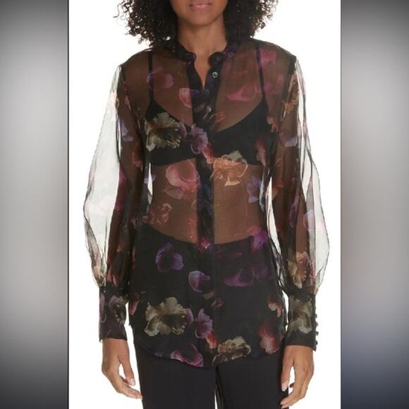 Equipment Femme Boleyn Sheer Silk Blouse True Black Multicolor Floral Size XS - Picture 1 of 11